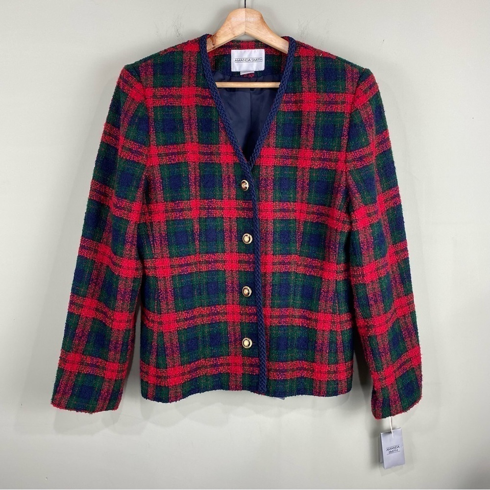 Amanda Smith Vintage Plaid Full Button Up Down Wool Blend Blazer Jacket 12 (NWT)